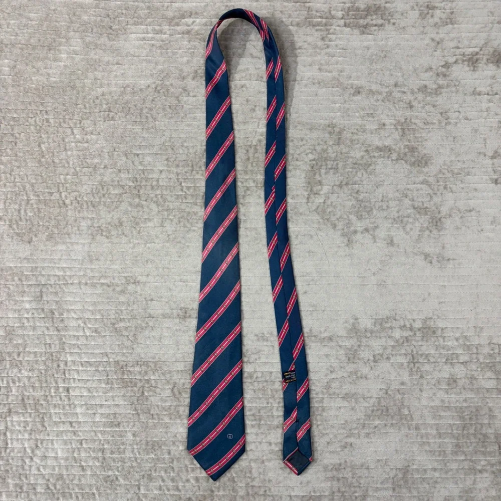 Gucci Mens Silk Tie Navy Blue‎ Red White Striped Equestrian Buckle Made in Italy